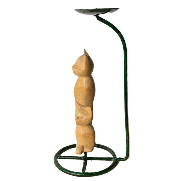 Vintage Wood Carved Cats & Candle Holder Artisan Handcrafted Modernist - Picture 2 of 13